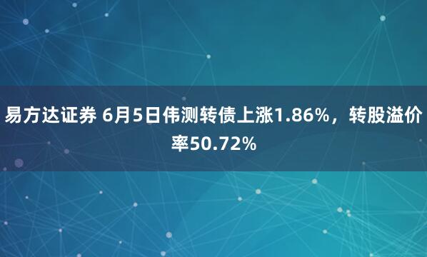 易方达证券 6月5日伟测转债上涨1.86%，转股溢价率50.72%